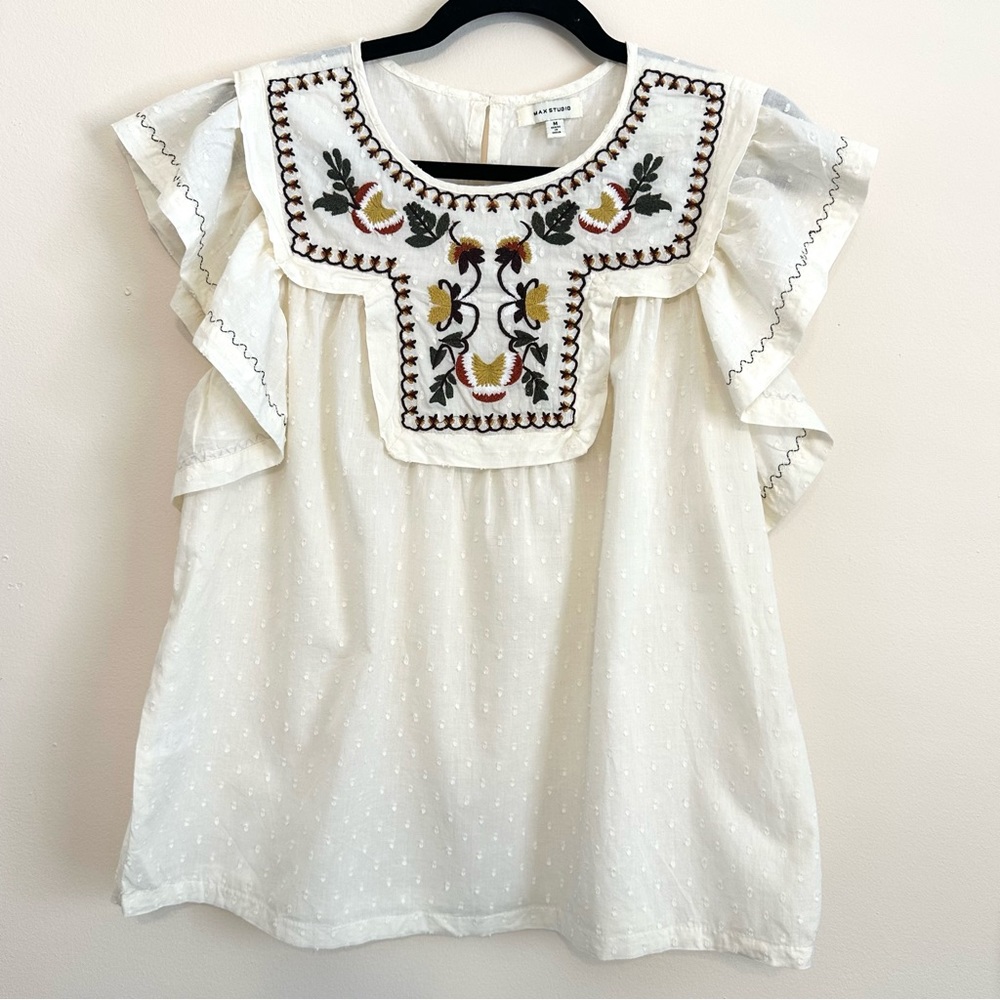 Max Studio Embroidered Eyelet Flutter Sleeve Blouse 100% Cotton Sz M